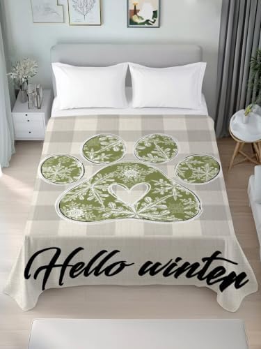 Cal King Size Flat Sheet Only, Green Dog Paw Print Bed Top Sheet Soft