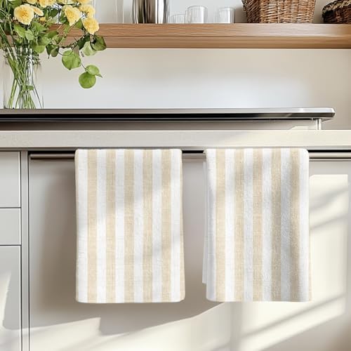 Beige Striped Kitchen Towels Set of 3, Absorbent Microfiber Dish Tea