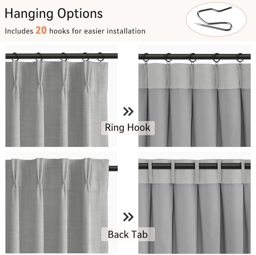 Grey Total Blackout Linen Pinch Pleated Curtains 108 Inches Long