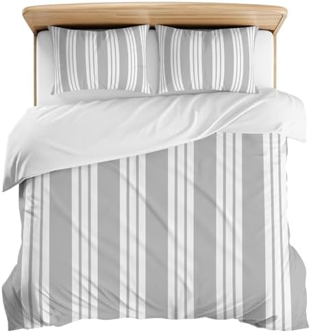3 Pieces Bedding Set King Size, Striped Grey Soft Duvet Covers Set
