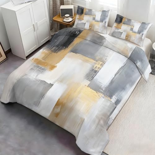 Gold Gray Block Comforter Set King Brush Stroke Duvet Cover Set
