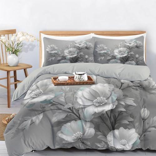 Duvet Cover Set King, Hand-Painted Floral Relief Brushed Microfiber