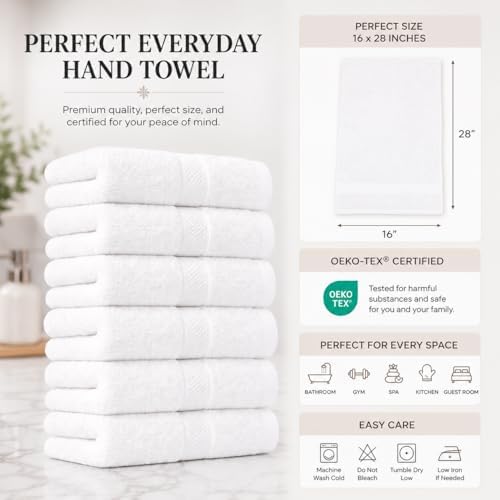 White Hand Towel Pack of 6, 28x16 Inches | 100% Ringspun Cotton
