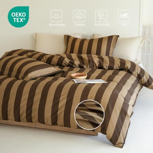 Comforter Set Queen Size - 100% Natural Cotton Brown and Beige Striped