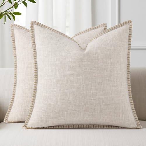 decorUhome Beige Faux Linen Outdoor Throw Pillow Covers 20x20 Set of 2
