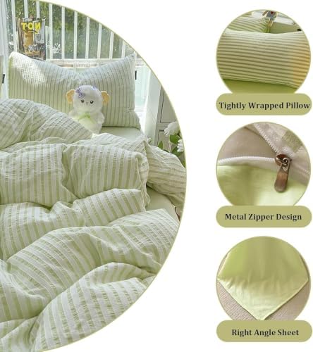 Striped Cotton Bedding Set 4 Pieces,Soft Duvet Cover with Zipper,Flat