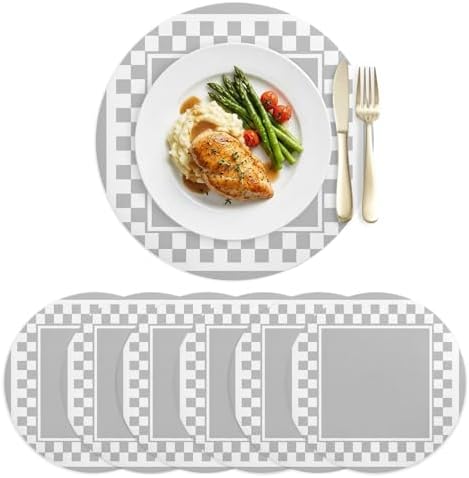 Minimalist Checkered Faux Leather Placemats Set of 6, 15in, Waterproof