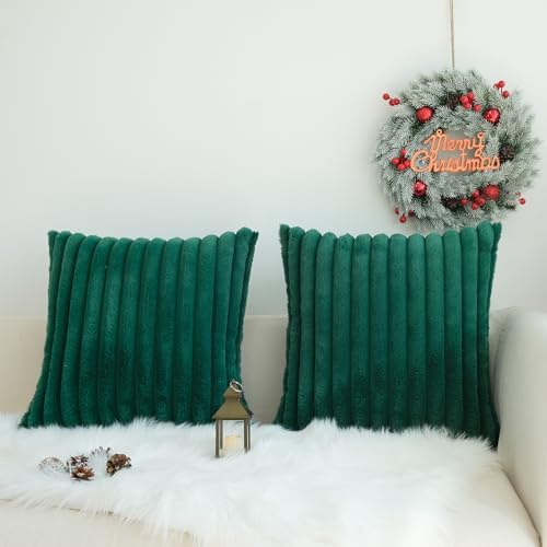 JOJUSIS Faux Fur Plush Throw Pillow Covers, Dark Green, 22 x 22-Inch