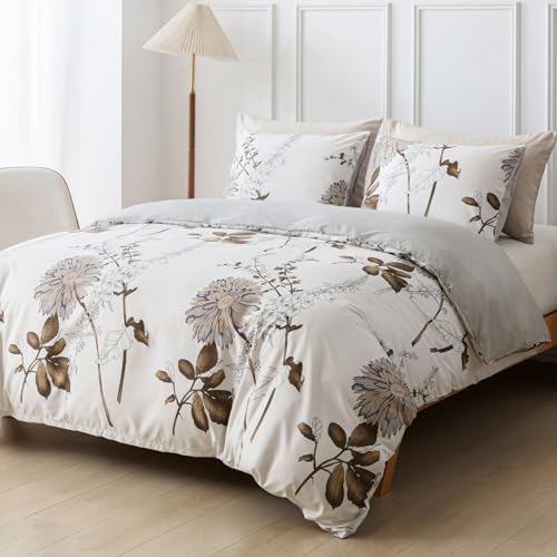 Lekesky Duvet Cover Queen Size, Reversible Dahlia Floral Duvet Cover