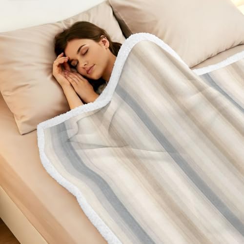 Fleece Sherpa Bed Blankets, Brown Gray Striped Microfiber Plush
