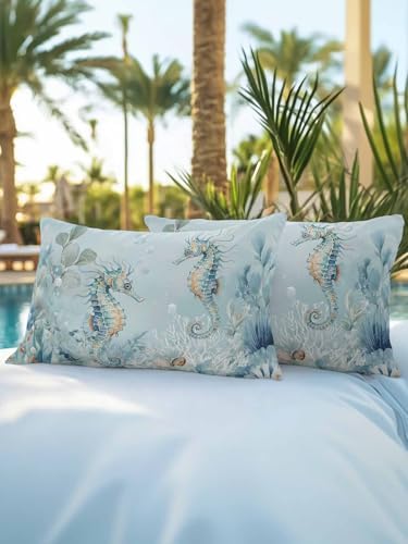 Outdoor Pillows Waterproof, Coastal Seahorse Bedding Throw Pillows