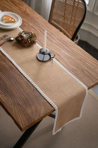 118.1 Inch Long Kitchen Table Runner,Cotton Linen Blend,Khaki White