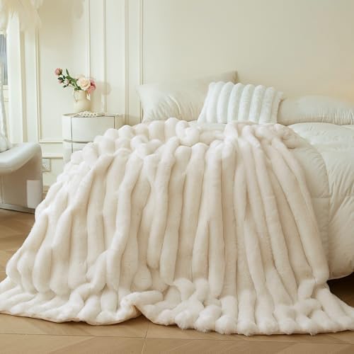 MEGO Fluffy Faux Rabbit Fur Ribbed Throw Blanket 50"x60", Beige