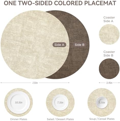 NCUE 13" Faux Leather Round Placemats Set of 6, Reversible Dual-Color