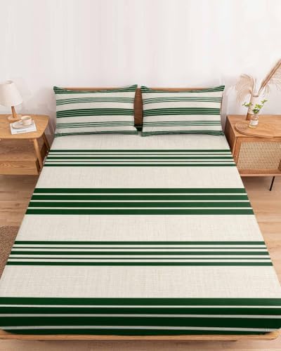 Queen Fitted Sheet Deep Pocket, Forest Green and Beige Stripe Soft