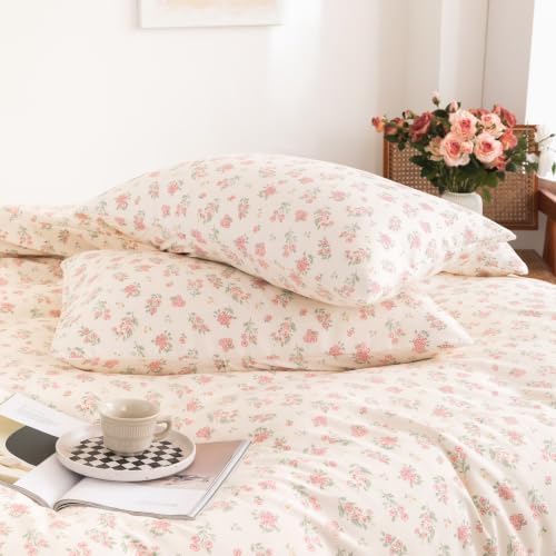 Floral Duvet Cover Set Queen Size, 3 Pieces Pink Flower and Green Leaf