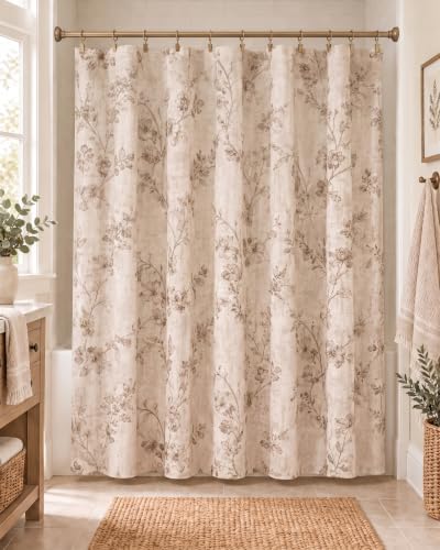 Vintage Floral Shower Curtain, Linen Blend with Tan Line-Drawn