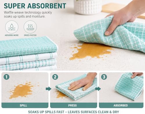 HOMEFRONT Aqua Green & White Kitchen Towels Set of 6, Cotton Blend