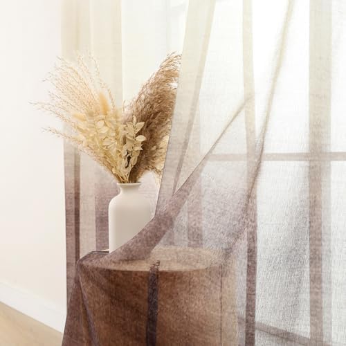 L.Z.E White Taupe Ombre Sheer Curtains 84 Inches Long, Transparent