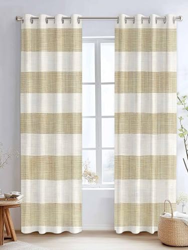 Brown Striped Window Curtains 96 Inch Length, Vintage Linen Pattern