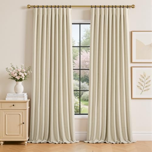Room Darkening Cream Chenille Pleated Curtains 120 Inch Length for
