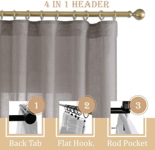 Linen Blend Semi Sheer Curtains 4-in-1 Header, 96 Inches Long