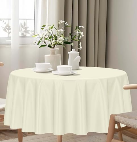 HEIPINIUYE 3 Pack Beige Round Tablecloth 84 Inch Round Plastic Table