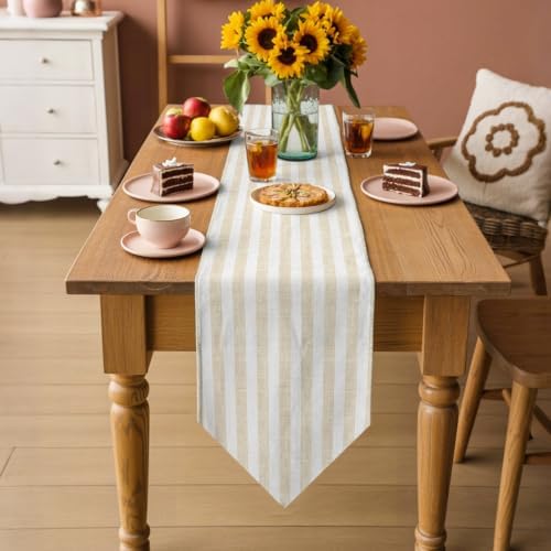 Table Runner 108 Inches Long, Beige Striped Table Runners for Dining
