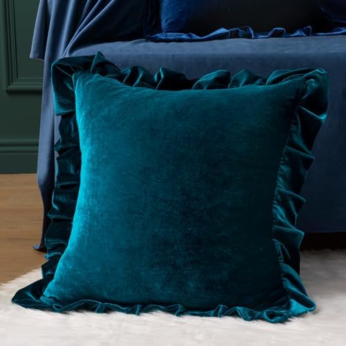 MIULEE Velvet Ruffle Throw Pillow Covers Pack of 2 20x20 Inch Teal
