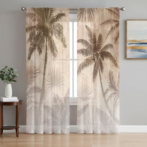 Palm Trees Sheer Curtains 72 Inches Long, Tropical Coconut Palms