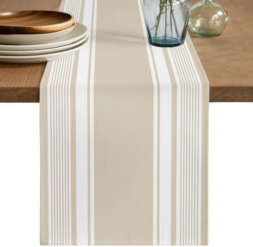 Farmhouse Beige Striped 120 Inch Table Runner, Modern Minimalist