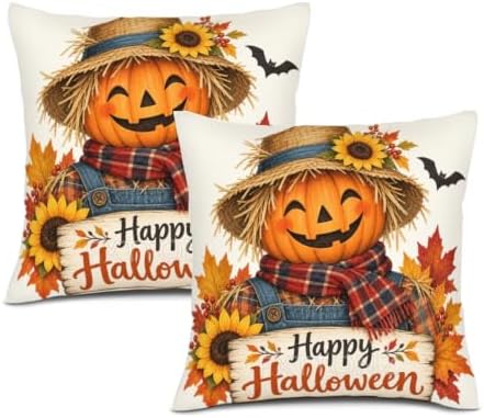 Plaid Accent Pillow Covers 22x22 Inch Set of 2 Linen for Halloween
