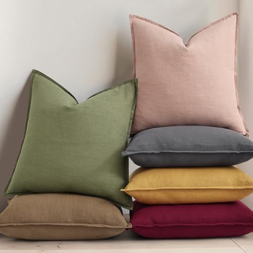 decorUhome Fall Olive Green Linen Throw Pillow Covers 22x22 Set of 2