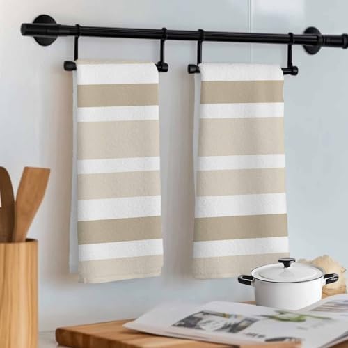 Beige Brown Kitchen Towels Set of 3, 18x26 Inch, White Stripe Soft