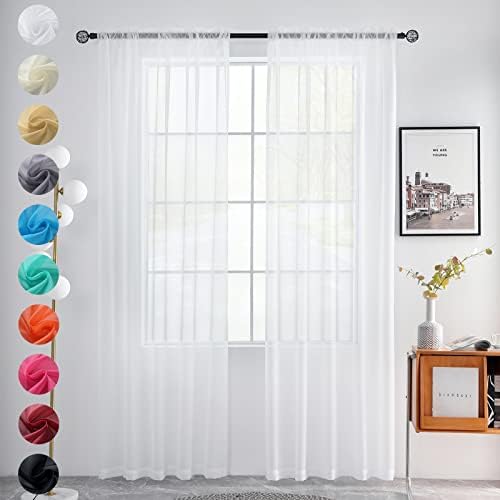 youleyar Solid Sheer Rod Pocket Curtain Voile Draperies 2 Panels White