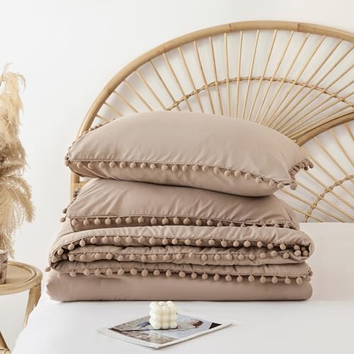 YIRDDEO King Size Comforter Set, Taupe Ball Pom Fringe Bedding Set