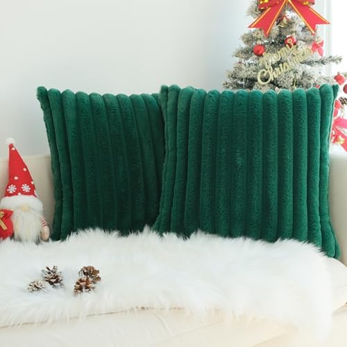 JOJUSIS Faux Fur Plush Throw Pillow Covers, Dark Green, 22 x 22-Inch