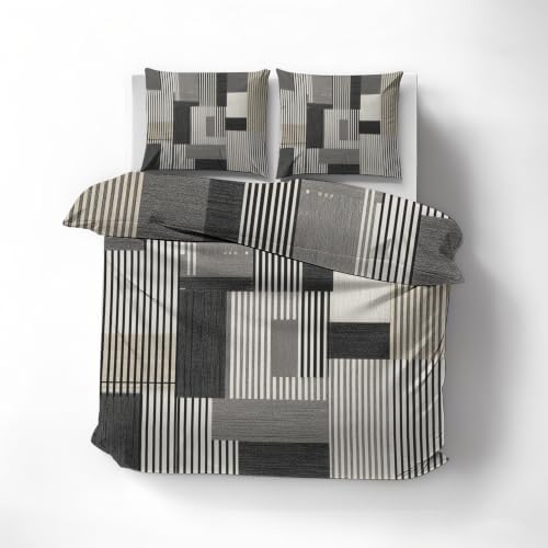 Grey Duvet Cover Queen Size, Geometric Striped Bedding Set