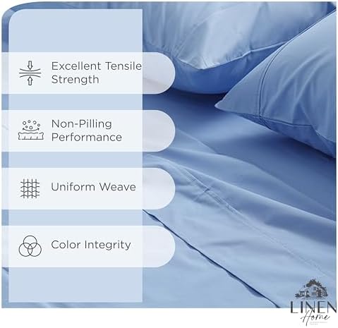 Linen Home 100% Cotton Percale Sheets Twin Size, Baby Blue, Deep