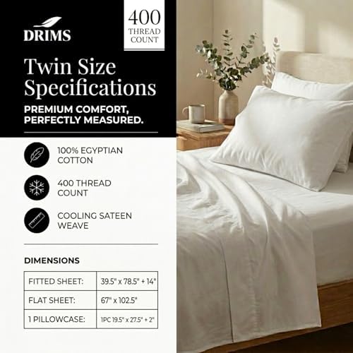 DRIMS 400 Thread Count 100% Egyptian Cotton Twin Sheets Set, Extra