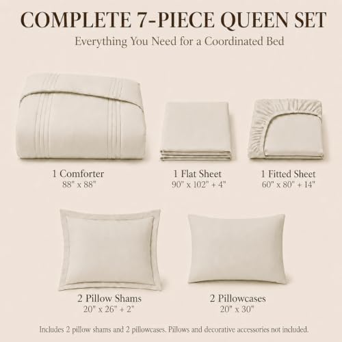 CozyLux Queen Comforter Set Beige - 7 Pieces Vertical Quilted Bed in a
