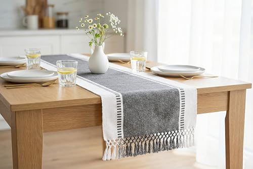 PurpleEssences Dobby Stripe Table Runner, 14x72 - Mineral Gray &