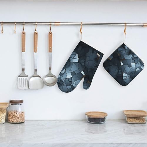 Gray Mosaic Oven Mitts and Pot Holders Set of 2 High Heat Resistant