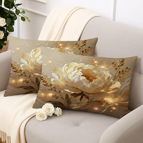 Peony Throw Pillow Covers Set of 2, Elegant Modern Gold Floral None