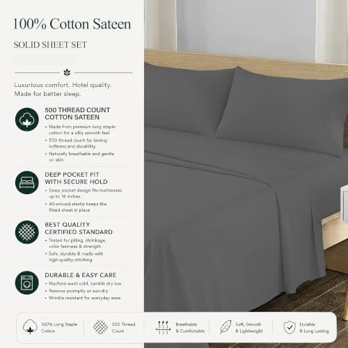 Feather & Stitch 100% Cotton Sateen 500 TC King Size Bed Sheet Set