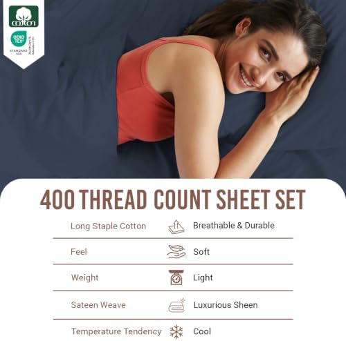 Pizuna Cotton Sheets Set Queen with 4 Pillow Cases 400 TC Dark Blue