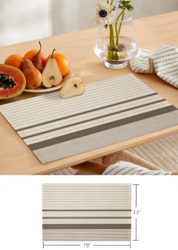Brown Beige Striped Table Mats Set of 6 with Table Runner 90 Inches