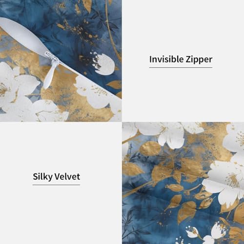 Blue Flower Throw Pillow Covers 20x20 inch Set of 2 Abstract Gold Leaf