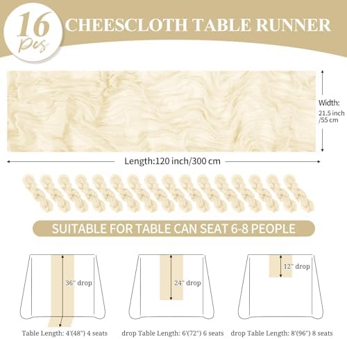 16 Pack 10Ft Cheesecloth Table Runner Ivory, 20 x 120 Inch Rustic
