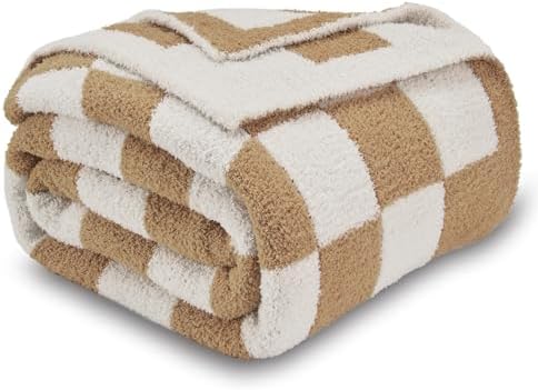 CozeCube Beige White Reversible Checkered Knit Throw Blanket 50"x60"